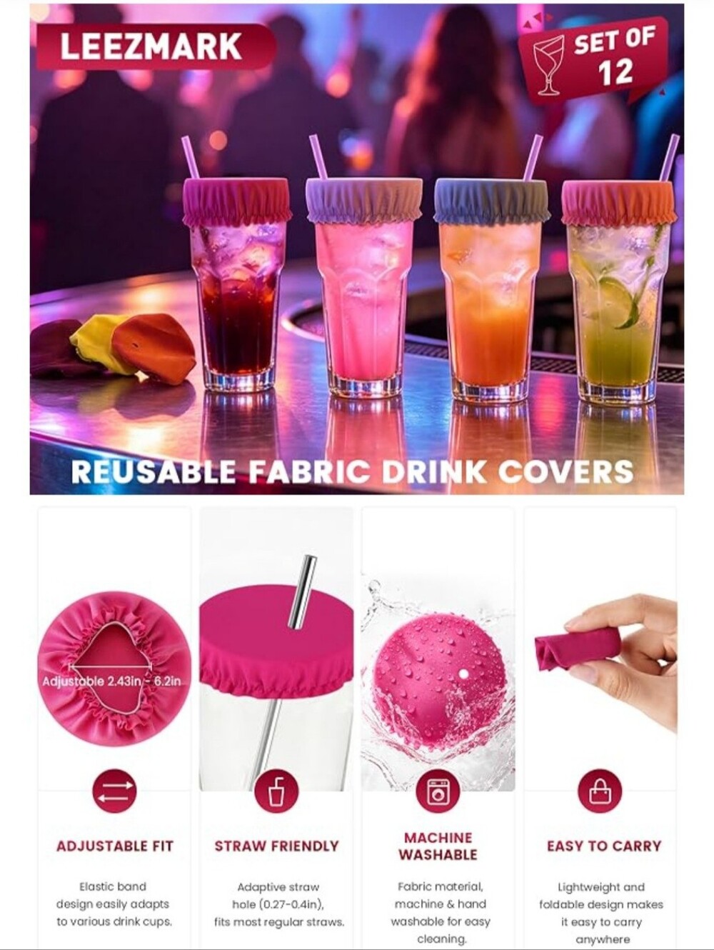 (12 Pack) Reusable Protective Drink Covers with Straw Hole - Picture 4 of 10